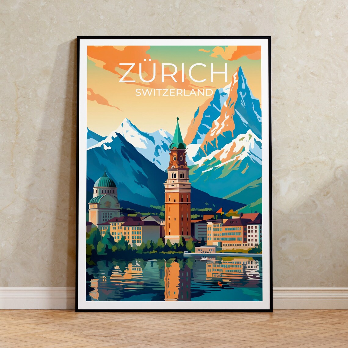 Zurich Switzerland Old Town Clock Tower Lake Snowy Alps Sunset Poster