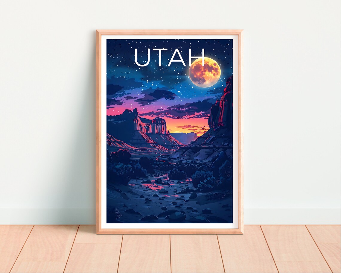Utah Red Rock Canyon Giant Moon Starry Desert Night Sky Poster - Image 4