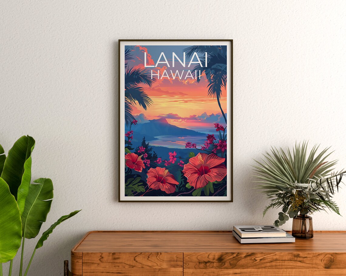 Lanai Hawaii Tropical Sunset Palm Hibiscus Island Ocean Poster - Image 3