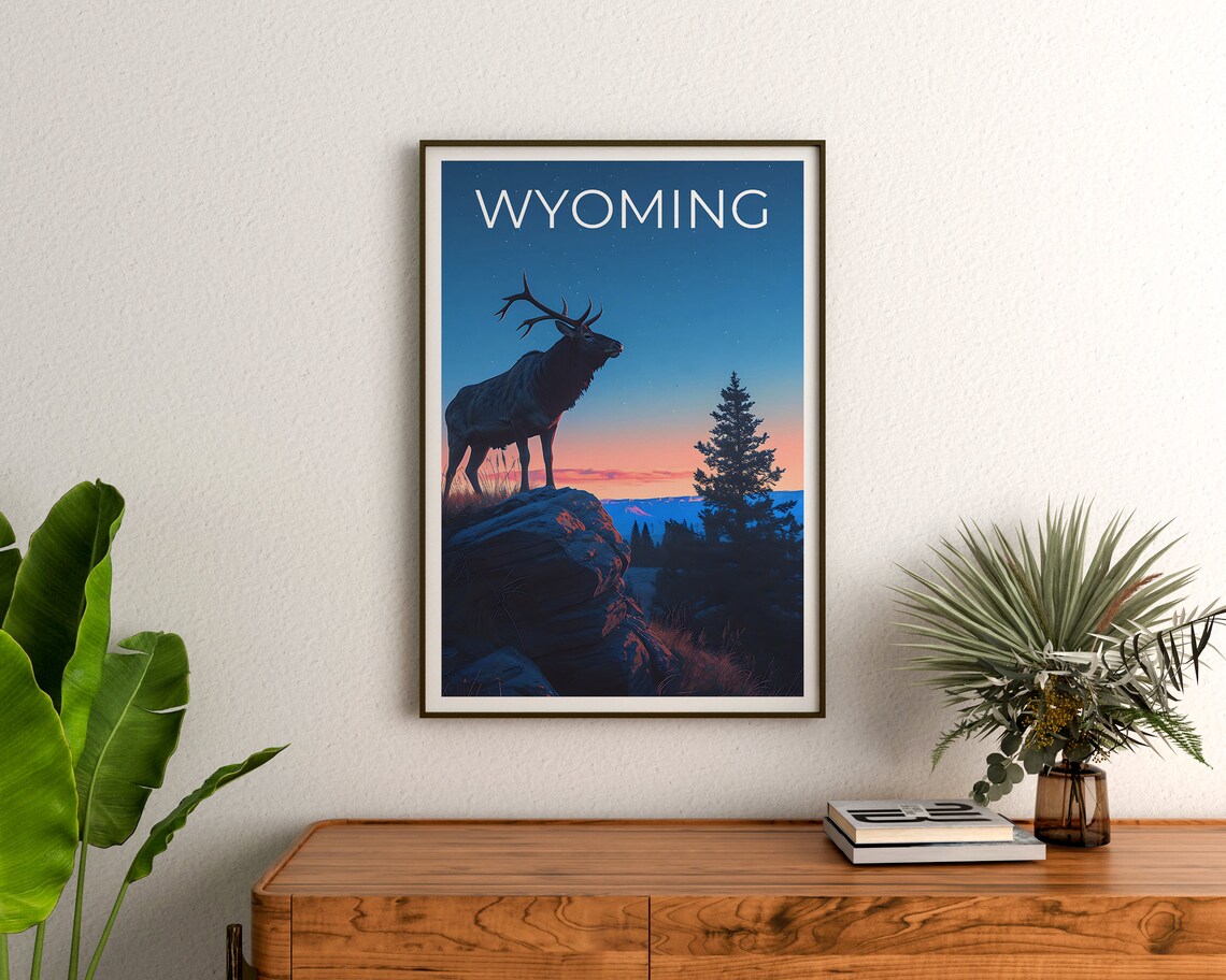 Wyoming Elk Sunset Rocky Ridge Pine Forest Wildlife Travel Poster - Image 3