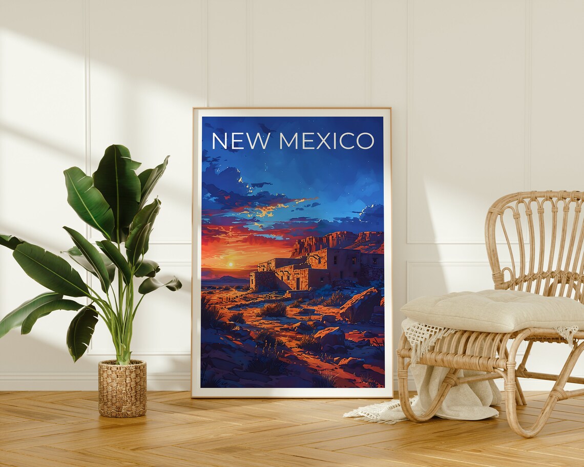 New Mexico Pueblo Ruins Desert Sunset Red Rock Cliffs Travel Poster - Image 2