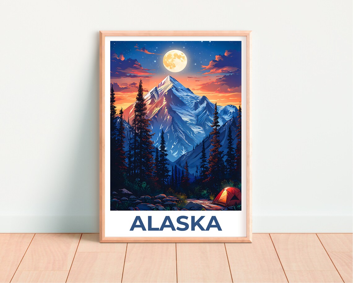 Alaska Snowy Peak Full Moon Tent Camping Night Forest Travel Poster - Image 4