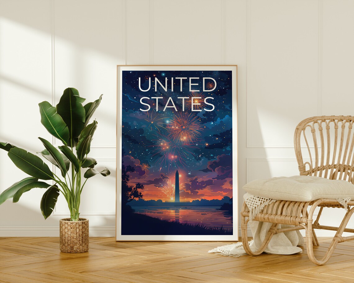 United States Washington DC Fireworks Monument Night Sky Travel Poster - Image 2