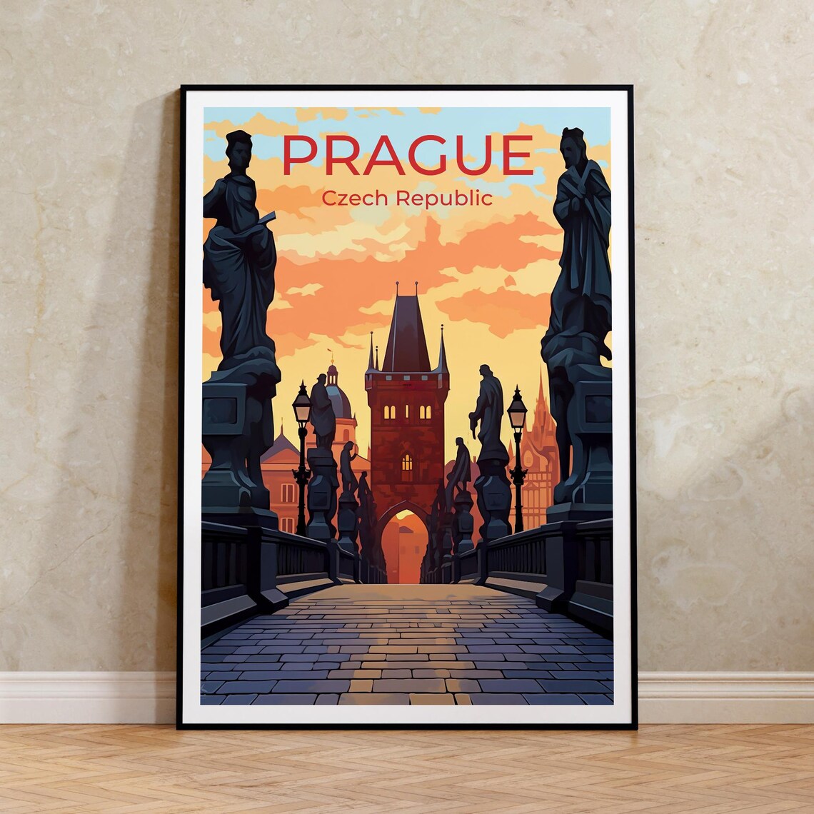 Prague Travel Poster, Charles Bridge Wall Art Print