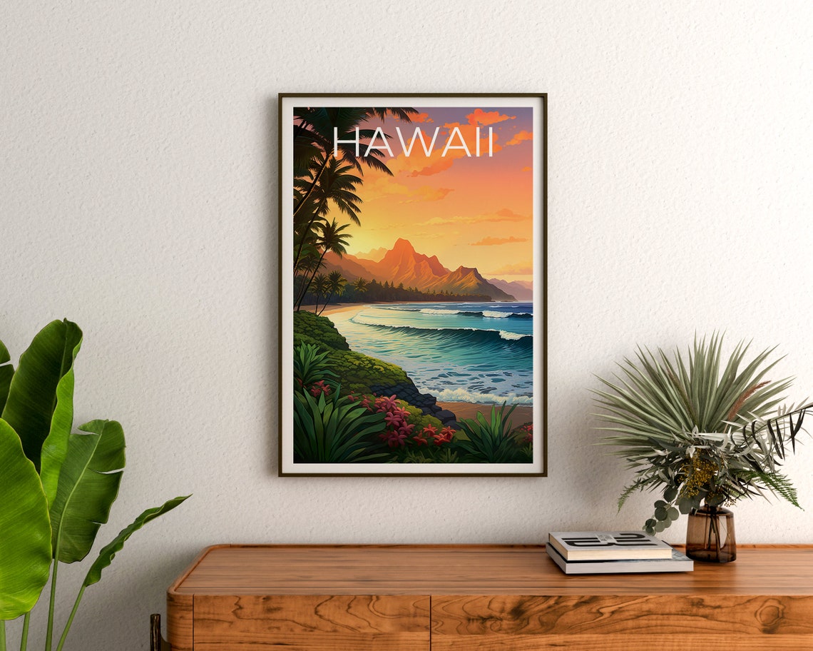 Hawaii Beach Sunset Golden Waves Palm Trees Ocean View Poster - Image 3