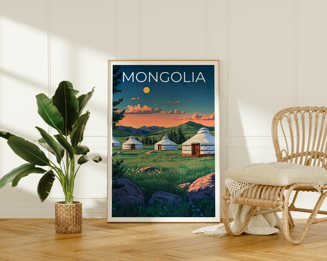 Mongolia Steppe White Yurts Gers Dusk Starry Night Sky Travel Poster - Image 2