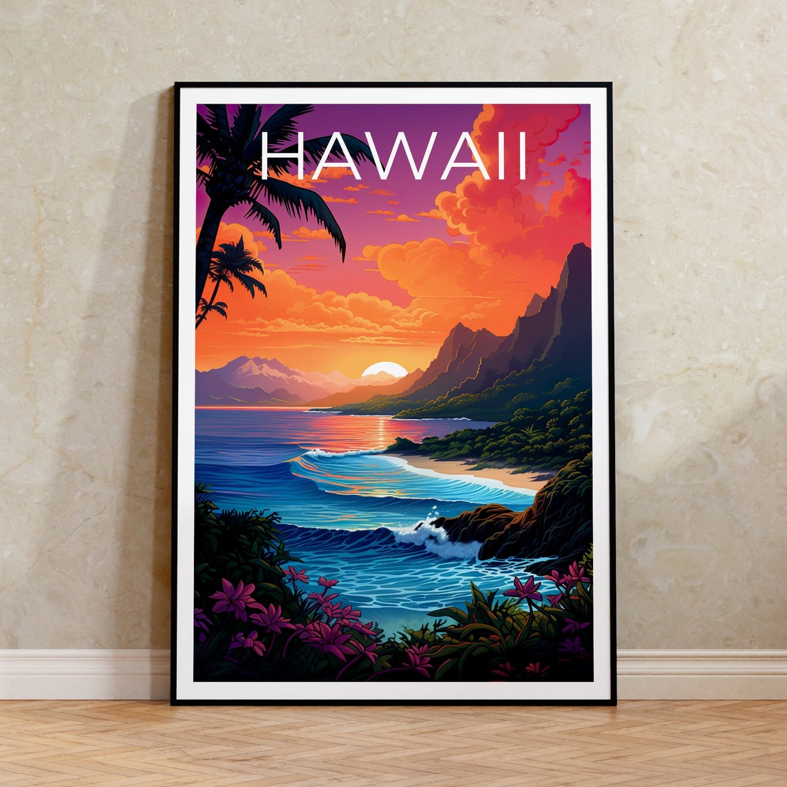 Hawaii Coast Sunset Palm Trees Surf Waves Cliffs Tropical View Poster