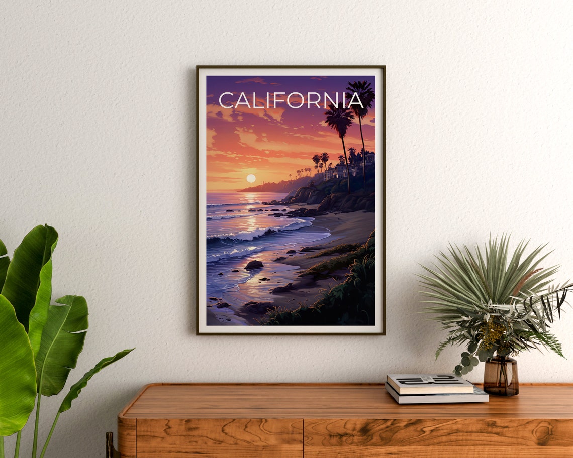 California Beach Sunset Cliffside Homes Palm Trees Ocean Travel Poster - Image 3