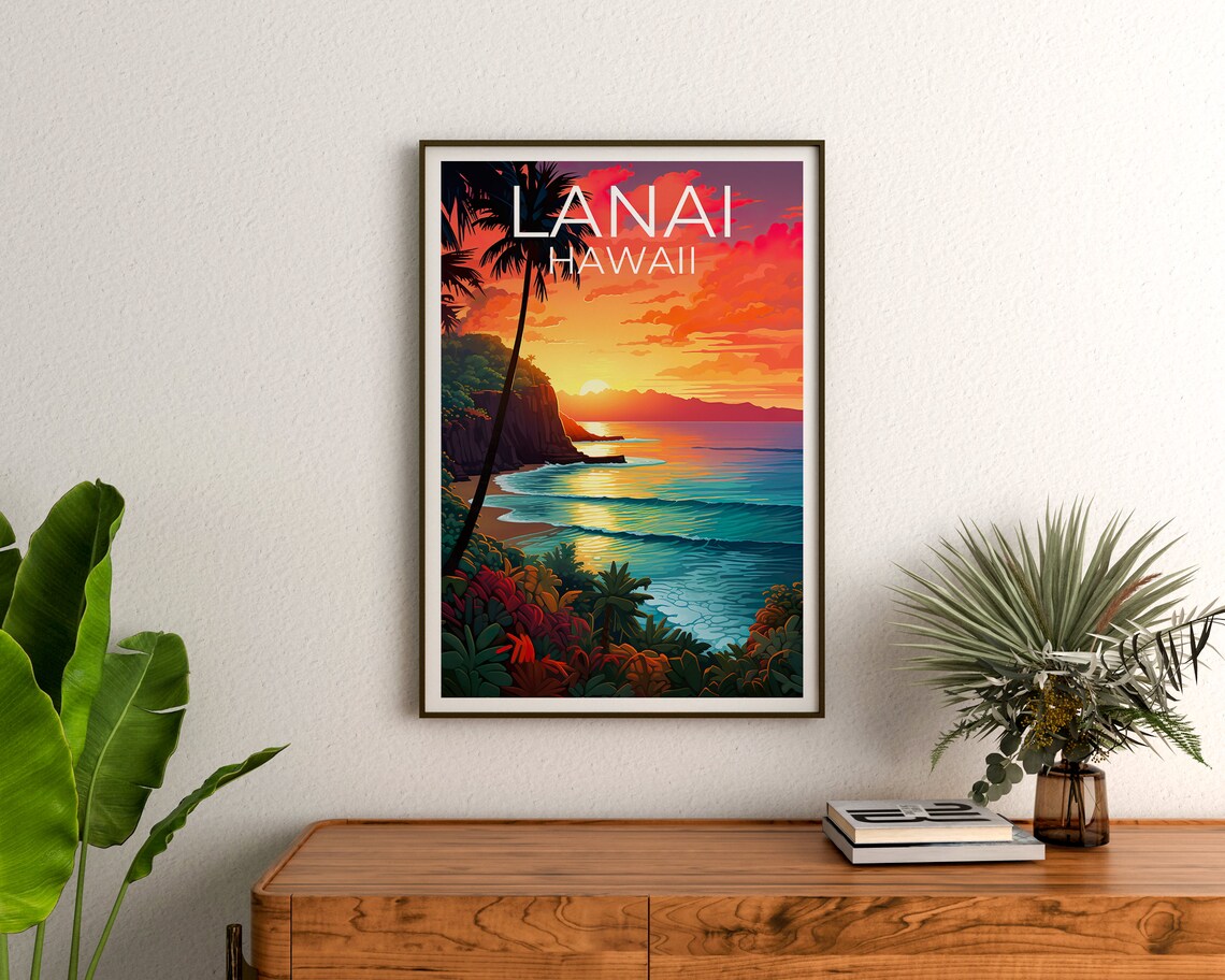 Lanai Hawaii Beach Sunset Palm Tree Ocean View Tropical Travel Poster - Image 3