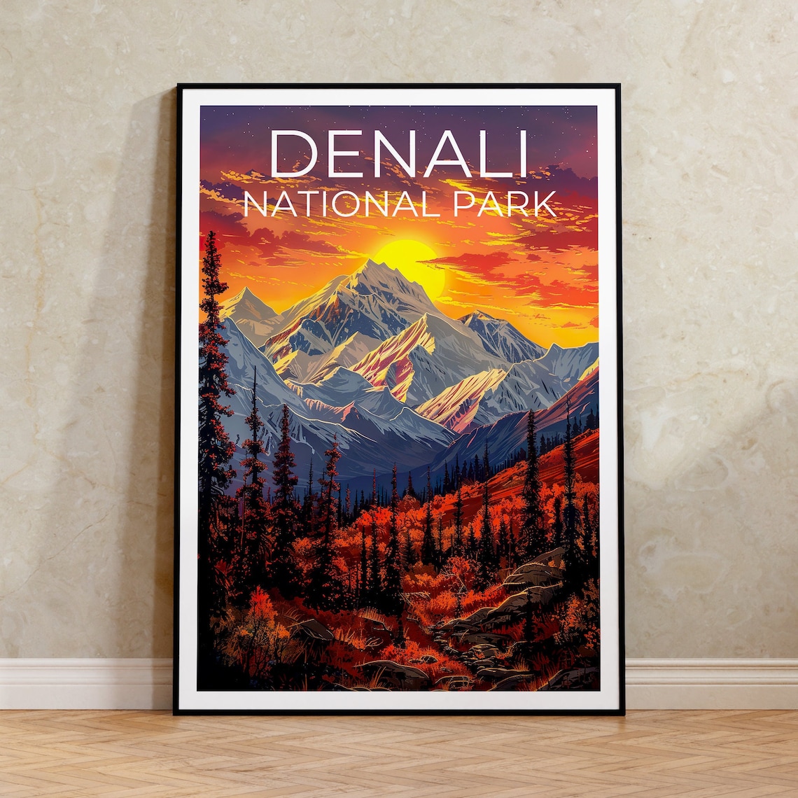 Denali National Park Alaska Snowcapped Mountain Sunset Travel Poster