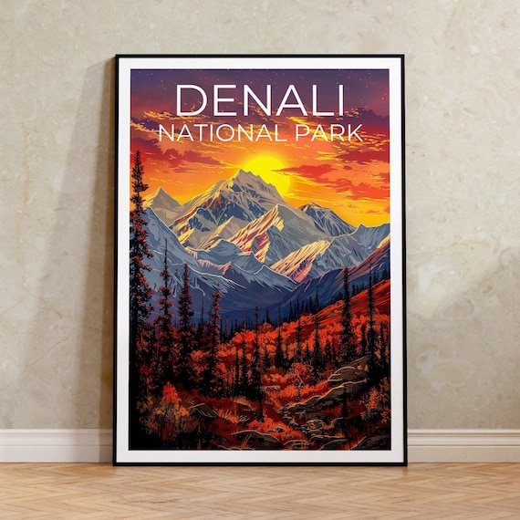 Denali National Park Alaska Snowcapped Mountain Sunset Travel Poster