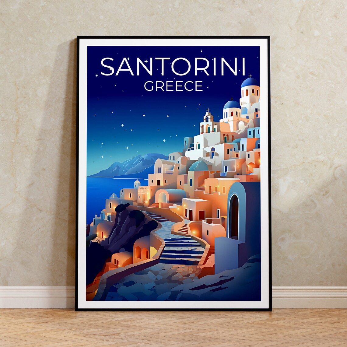 Santorini Greece Travel Poster, Greek Island Print