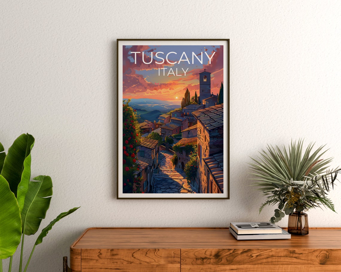 Tuscany Italy Hill Village Stone Bell Tower Sunset Valley View Poster - Image 3
