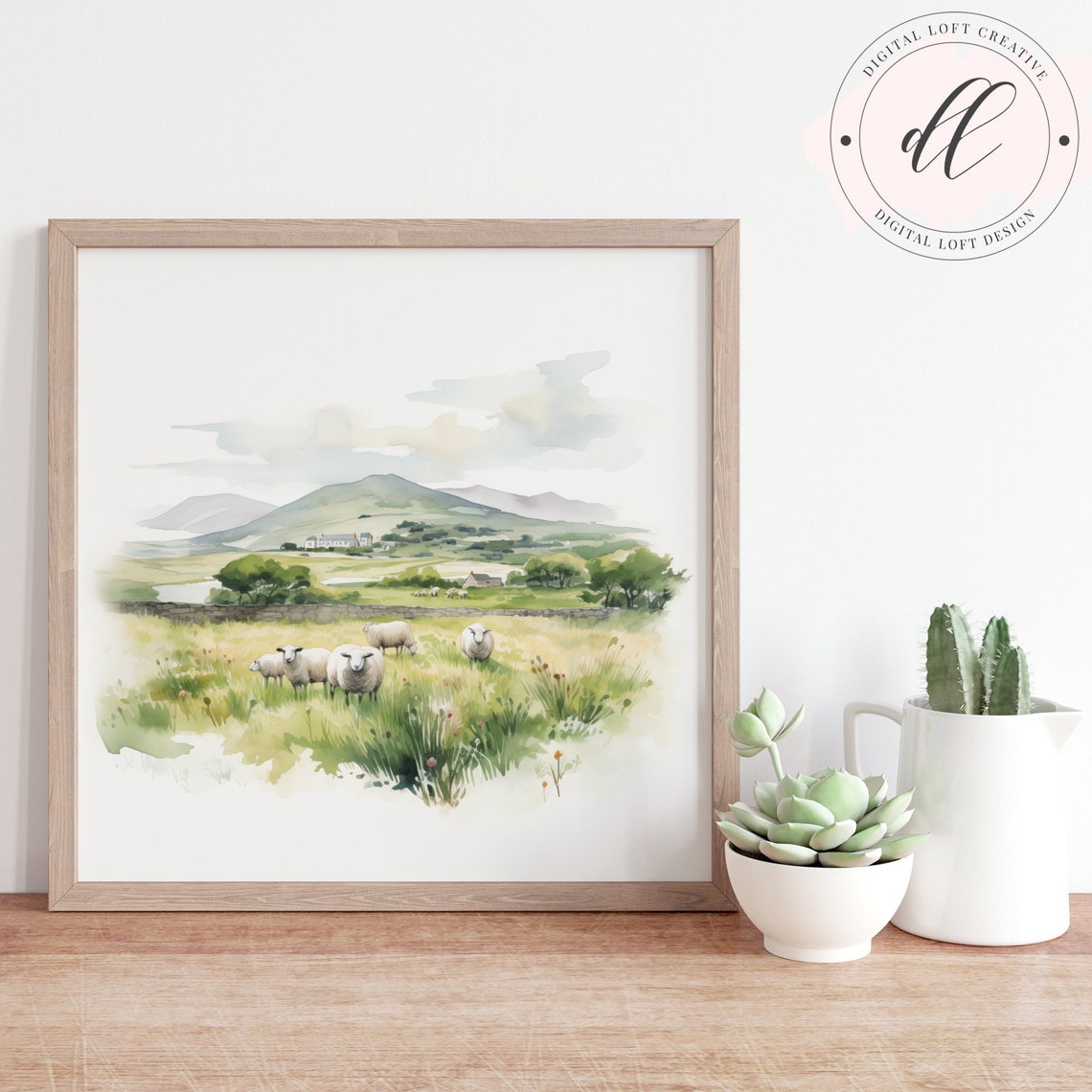 Sheep Grazing Mountain Meadow Watercolor Farm Pasture Poster