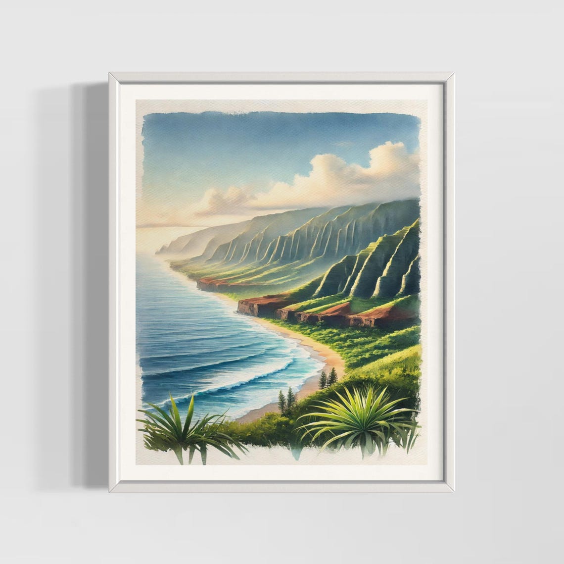 Na Pali Coast Watercolor Tropical Sea Cliffs Sandy Beach Hawaii Poster