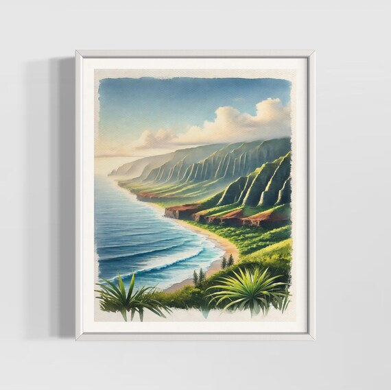 Na Pali Coast Watercolor Tropical Sea Cliffs Sandy Beach Hawaii Poster