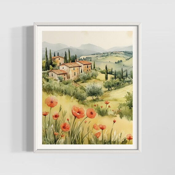 Tuscany Vintage Watercolor Print, Italian Countryside