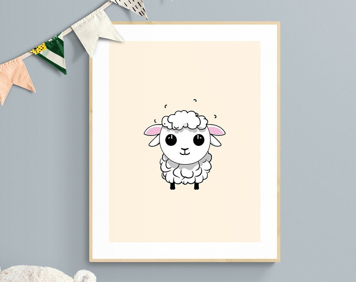 Cute Baby Sheep Nursery Poster Fluffy White Lamb Kids Room Decor Art