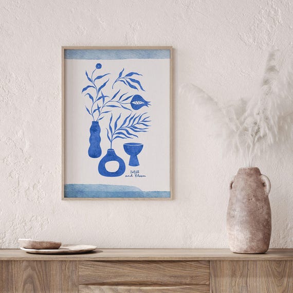 Still And Bloom Blue Botanical Poster Print Mediterranean Style Wall Art Printed