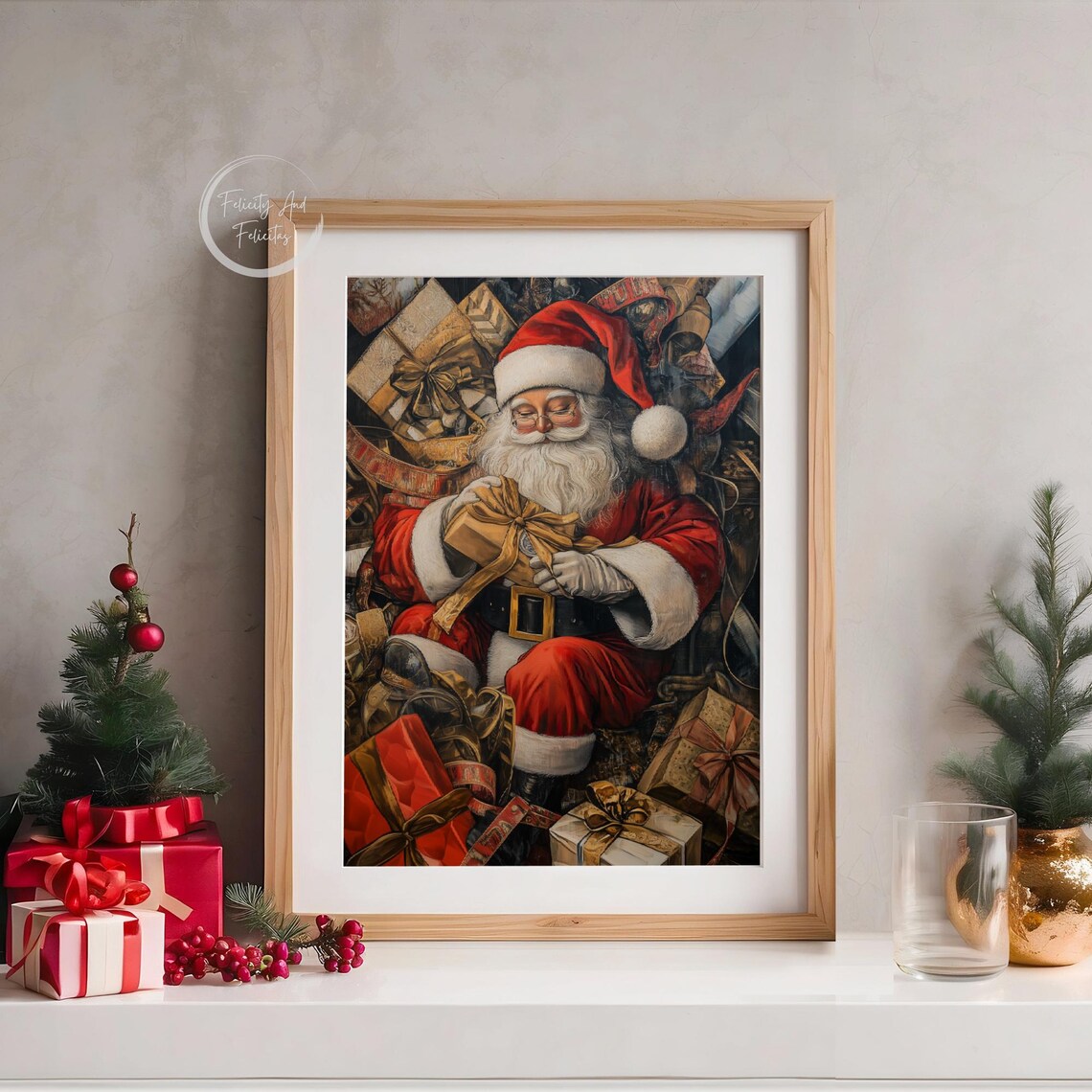 Antique Santa Claus With Christmas Gifts Vintage Holiday Wall Art - Image 5
