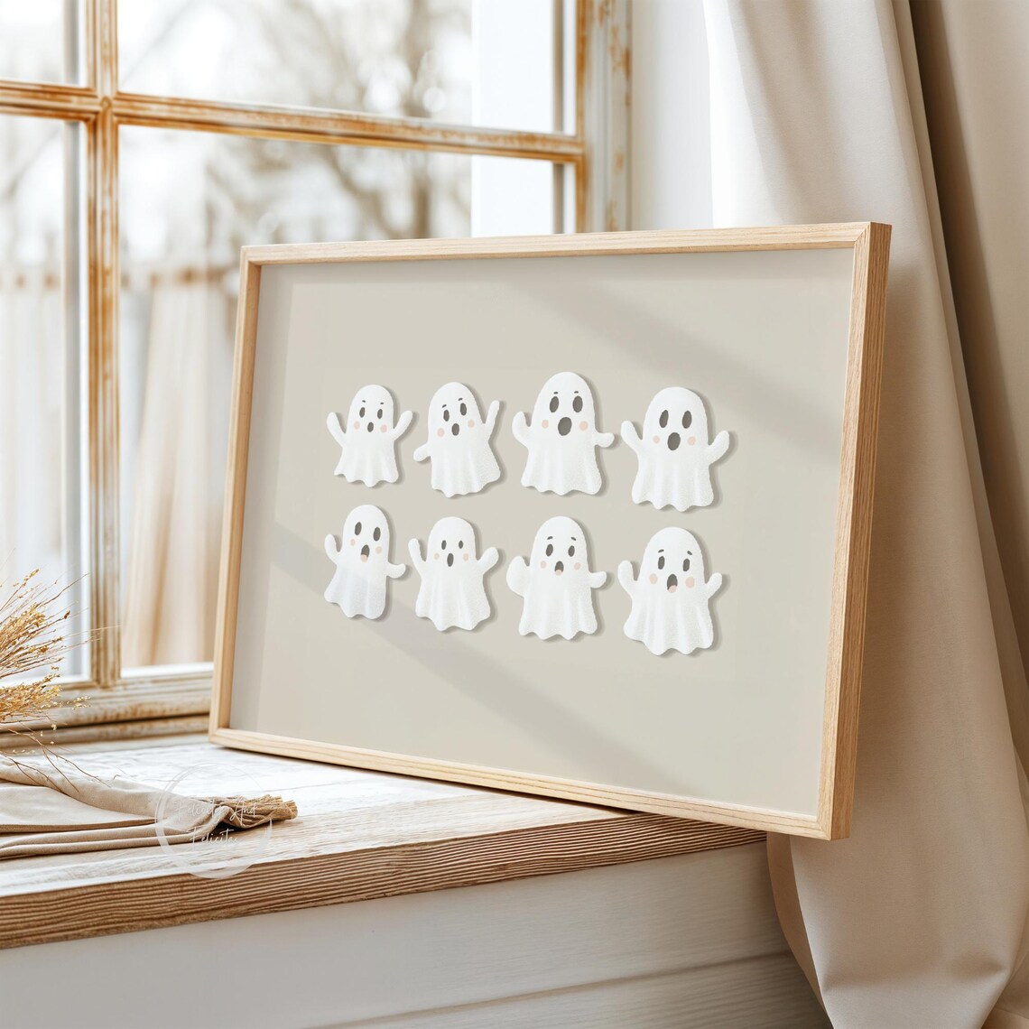 Pastel Halloween Eight Cute Ghosts Beige Minimal Sweet Wall Art - Image 3