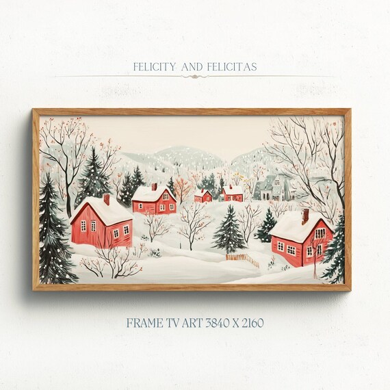 Winter Village Watercolor Red Snowy Cottages Christmas Frame TV Art Poster