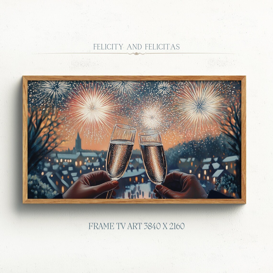 Champagne Toast Fireworks Snowy Town New Years Eve TV Art Poster