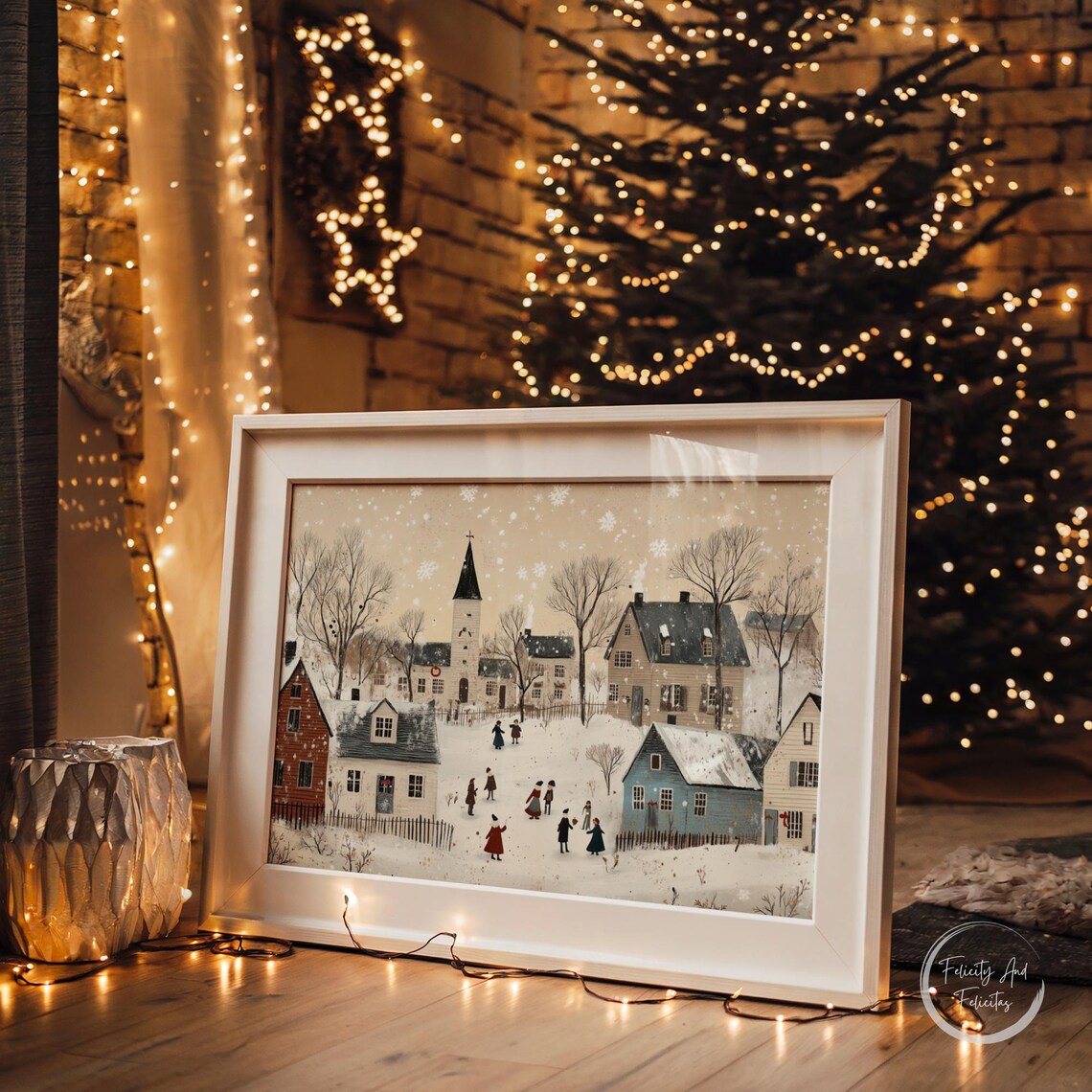 Neutral Beige Snowy Village With Church Snowflakes Holiday Poster - Image 5