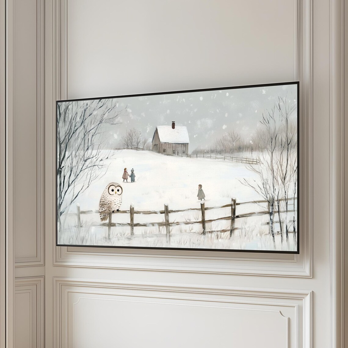Snowy Owl On Fence Winter Landscape Children Barn Scene Poster - Image 6