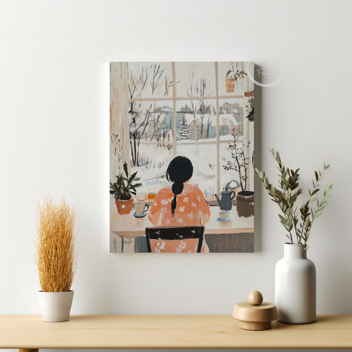 Cozy Woman Tea Window Overlooking Winter Snow Scene Wall Art - Image 4