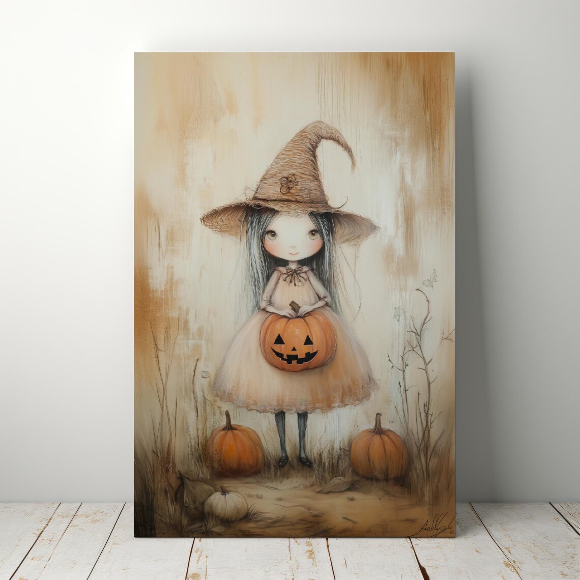 Cute Little Witch Girl Holding Pumpkin Neutral Halloween Wall Art - Image 6