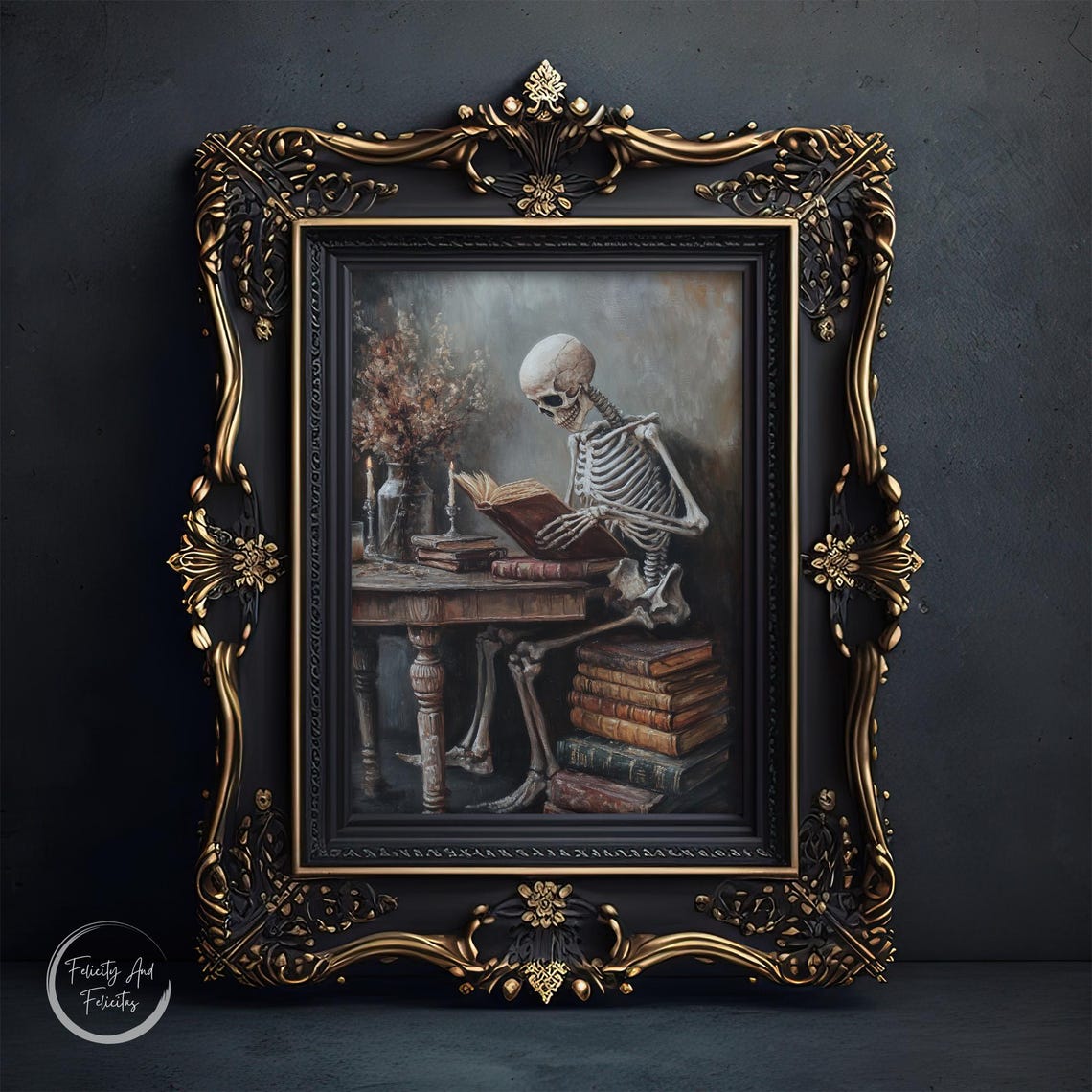 Skeleton Reading a Book by Candlelight Dark Academia Art Poster - Image 6