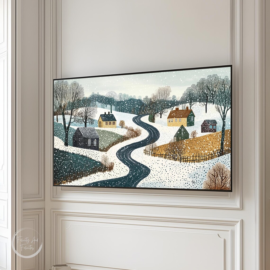 Snowy Countryside Winding Road Cottages Dot Texture Winter Poster - Image 4