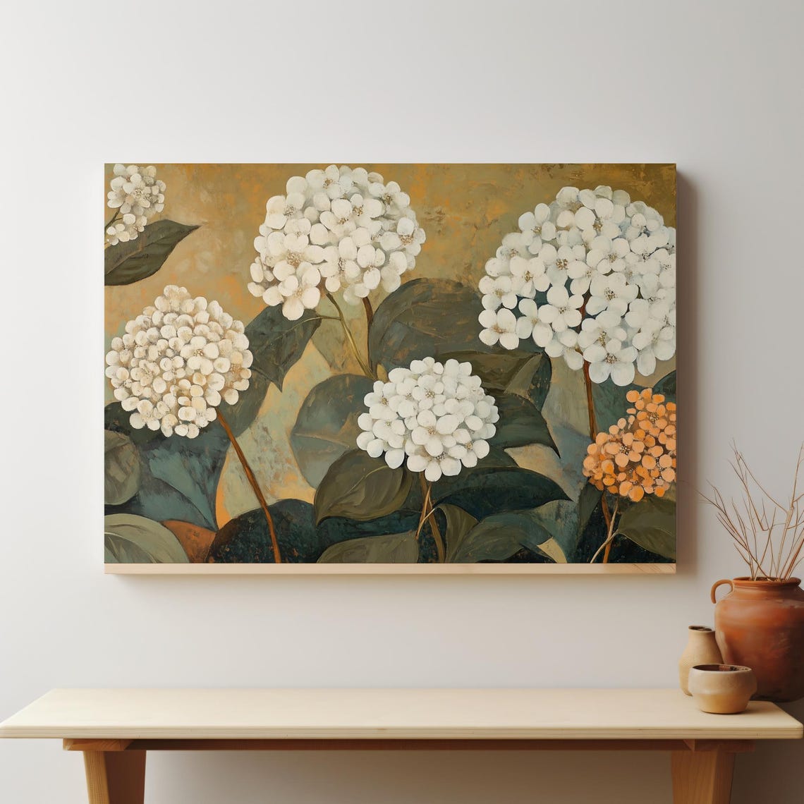 White Hydrangea Botanical Painting On Golden Background Poster - Image 5