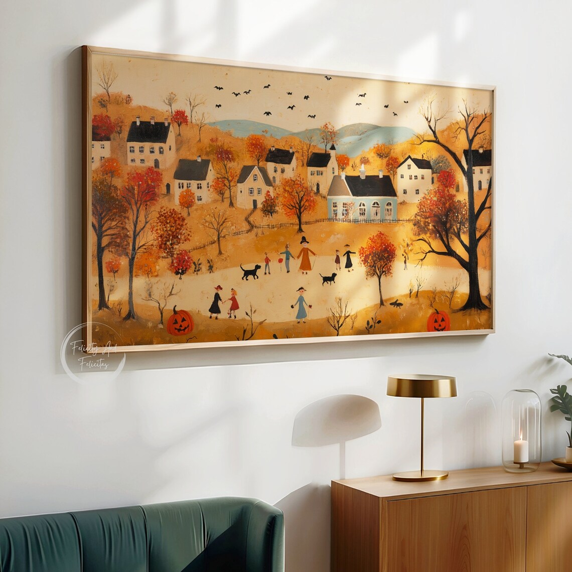 Folk Art Halloween Village Orange Autumn Trick Or Treat Poster - Image 6
