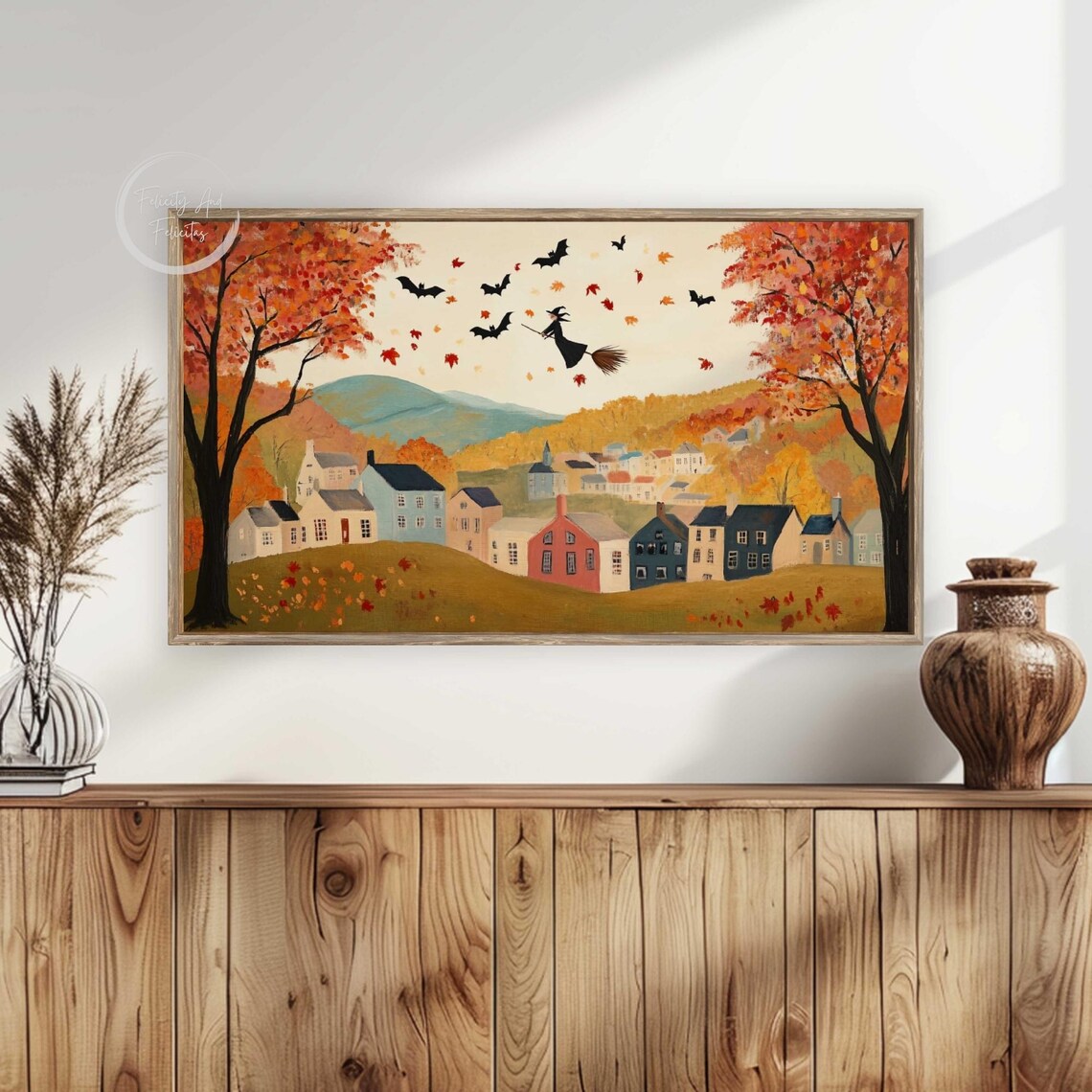 Witch Flying Broomstick Bats Autumn Village Halloween Art Poster - Image 6