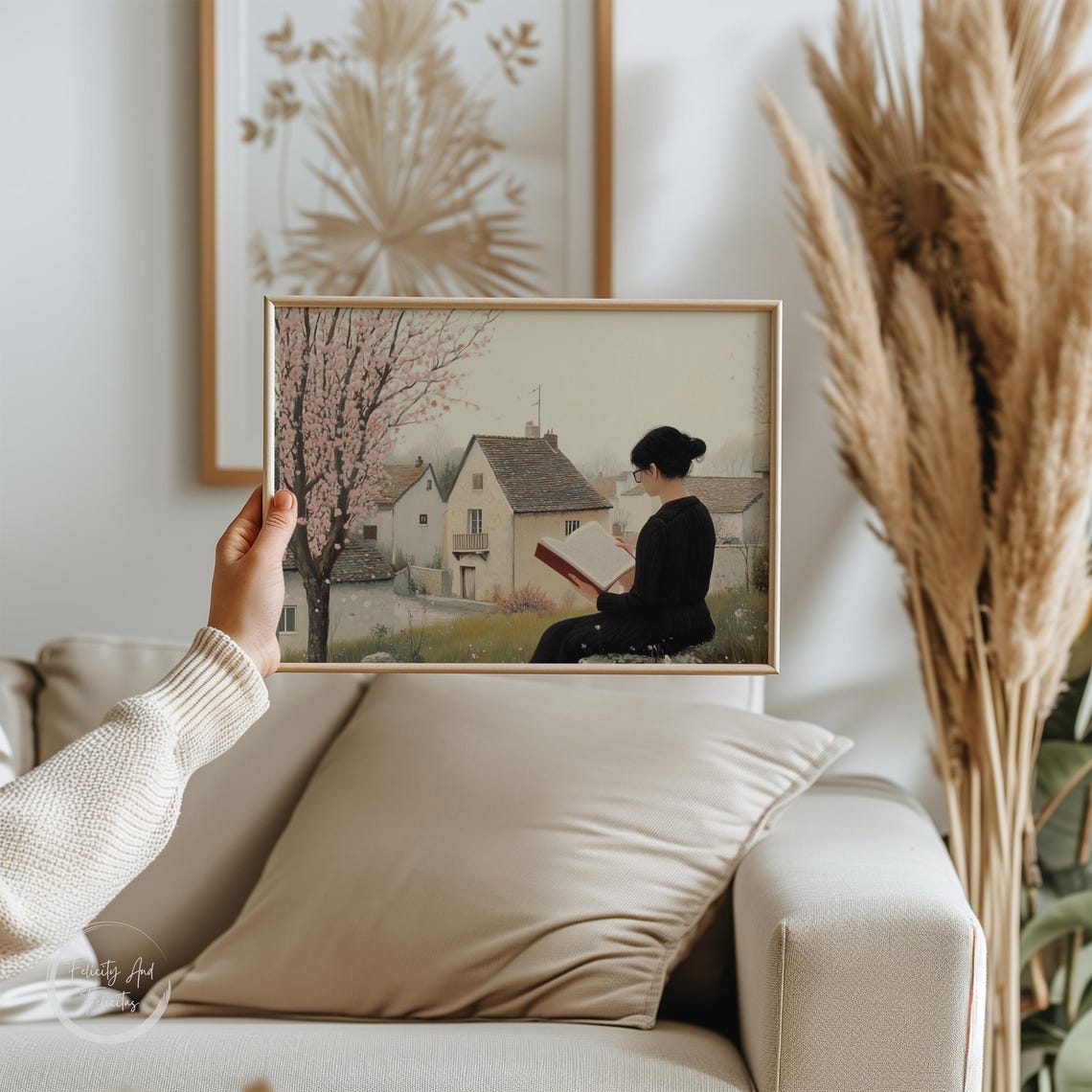 Woman Reading Book Under Blossoming Tree Spring Village Poster - Image 6