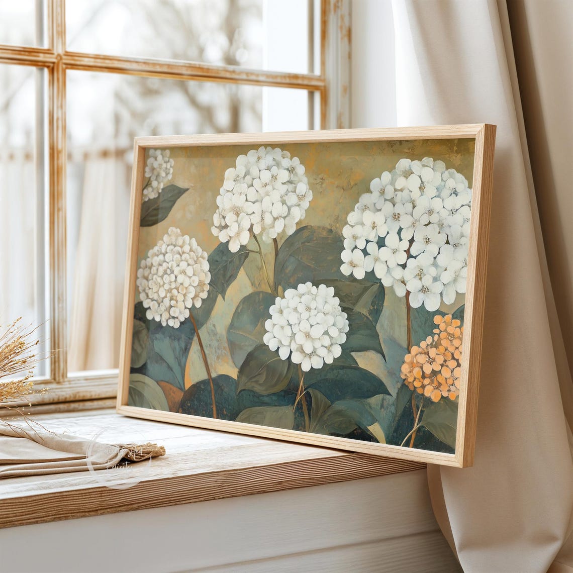 White Hydrangea Botanical Painting On Golden Background Poster - Image 4