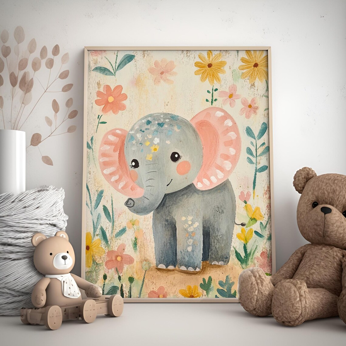 Floral Elephant with Pink Ears Daisy Meadow Nursery Wall Art