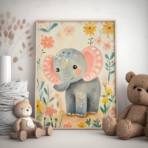 Elephant Nursery Wall Art Cute Floral Elephant Nursery Decor Pastel Tone Kids Toddler Room Art