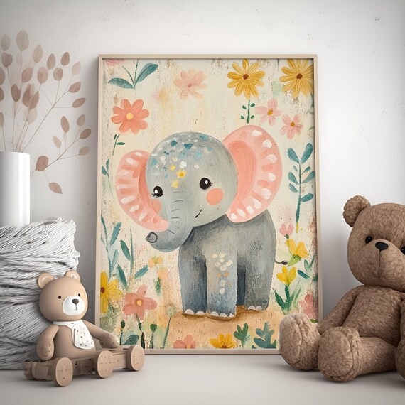 Floral Elephant with Pink Ears Daisy Meadow Nursery Wall Art