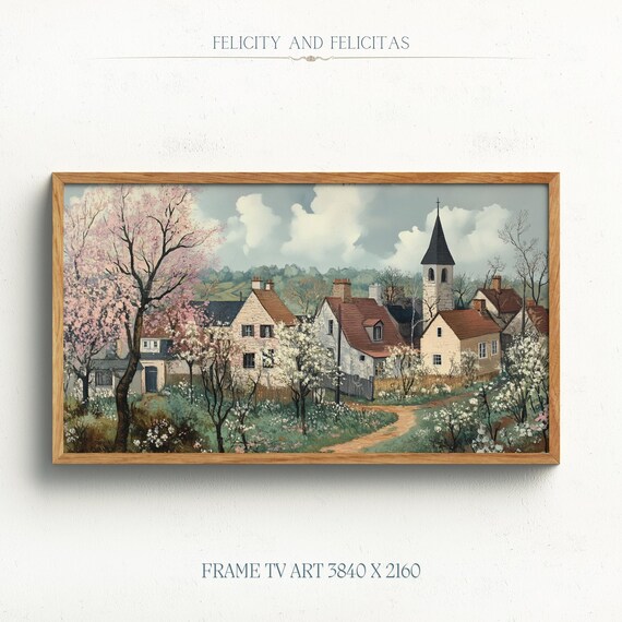Spring Village Blooming Trees Church Spire Cottages Wall Art