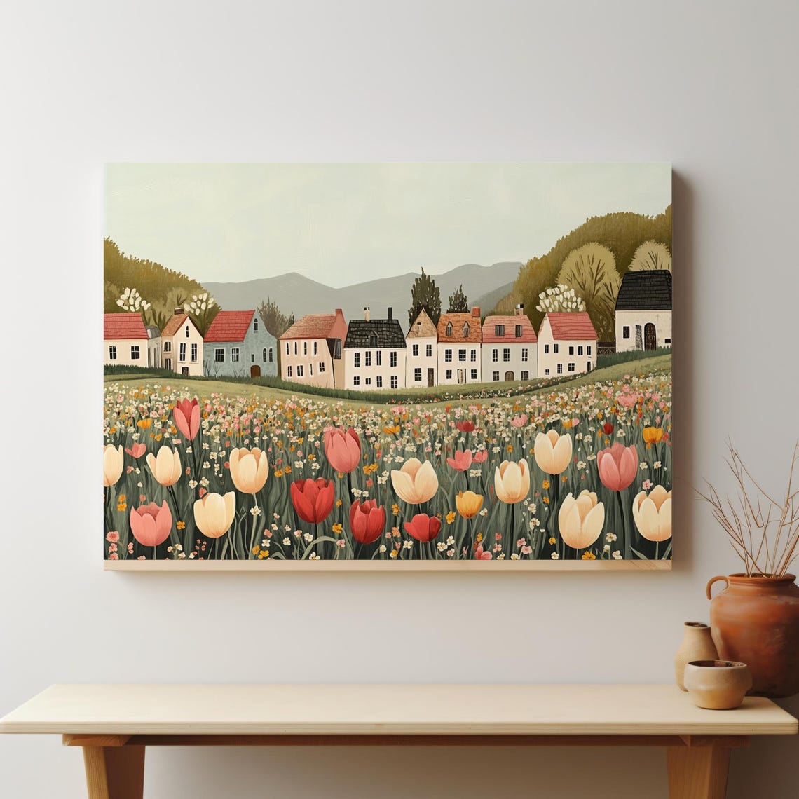 Tulip Field In Full Bloom Village Hillside Spring Folk Art Poster - Image 5
