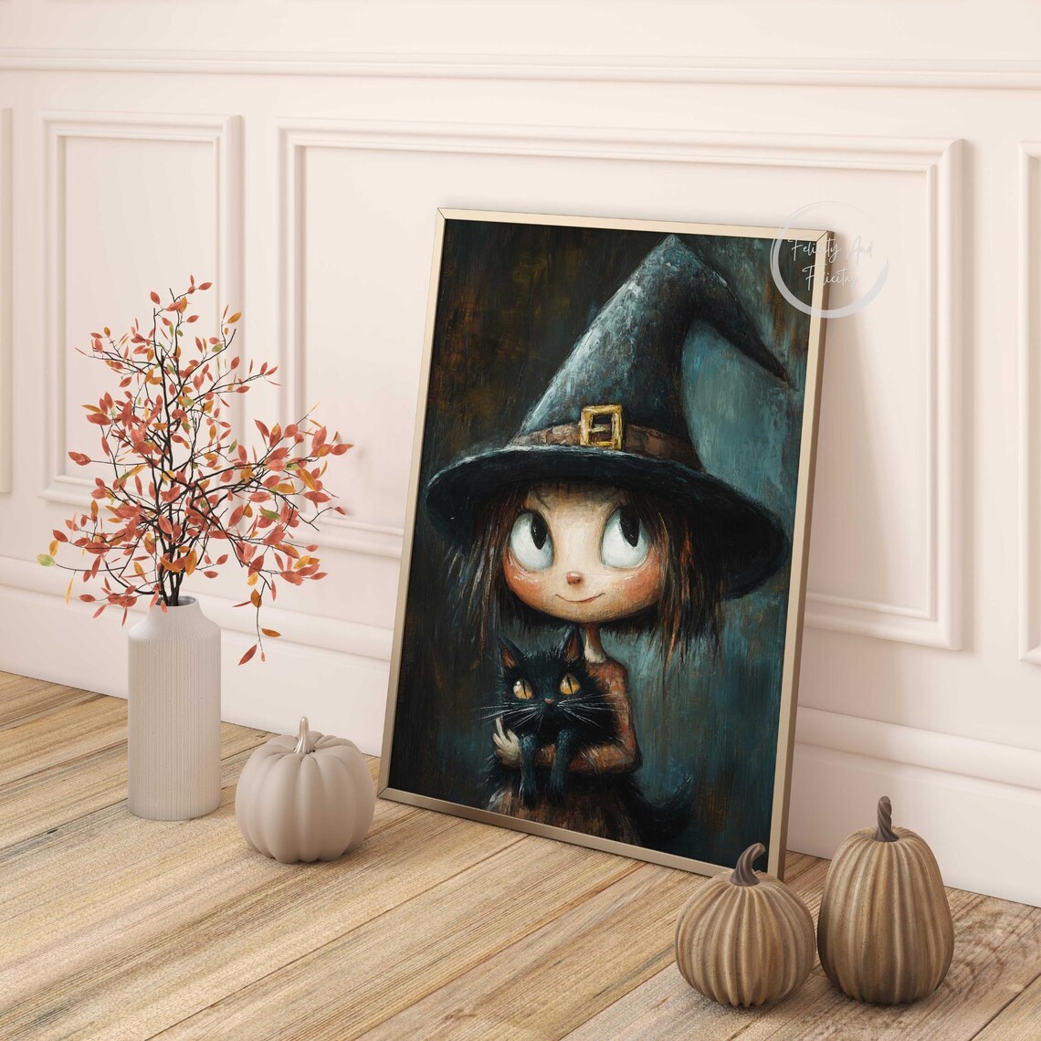 Cute Little Witch Holding Black Cat Big Eyes Spooky Halloween Portrait Poster - Image 4