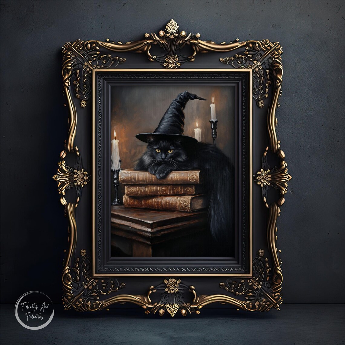 Black Cat Witch Hat Antique Books Candles Dark Halloween Wall Art - Image 6