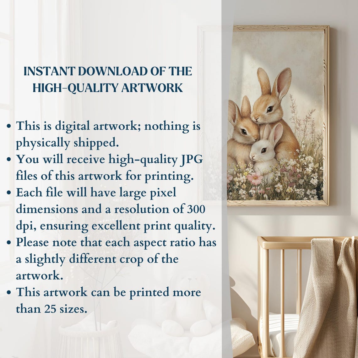 Cute Vintage Bunnies Wildflower Meadow Neutral Nursery Wall Art - Image 2