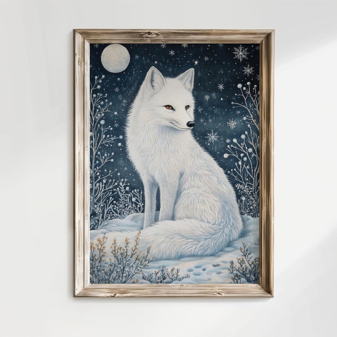 White Arctic Fox Moonlit Snow Night Winter Wildlife Art Poster - Image 4