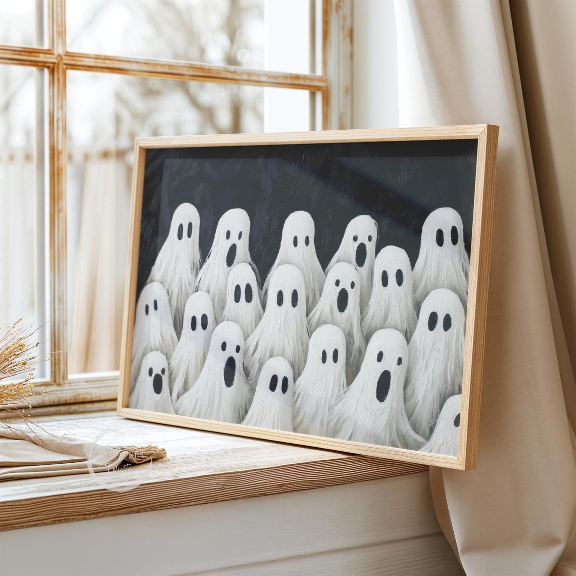 Cute Sheet Ghost Gathering Crowd on Black Spooky Fun Art Poster - Image 3