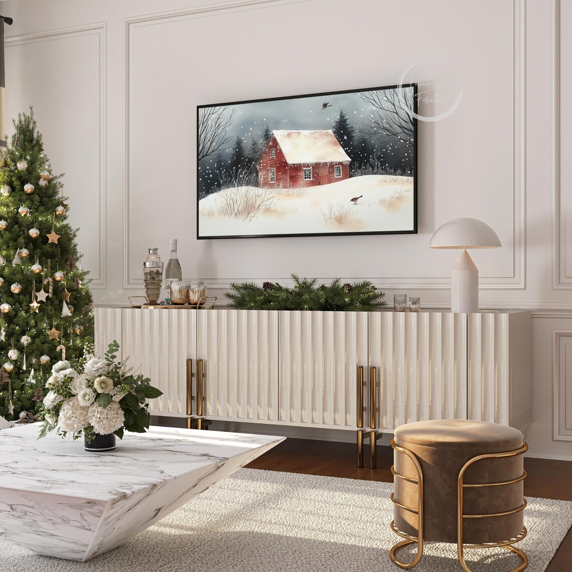 Red Barn In Winter Wonderland Watercolor Snow Birds Scene Poster - Image 6