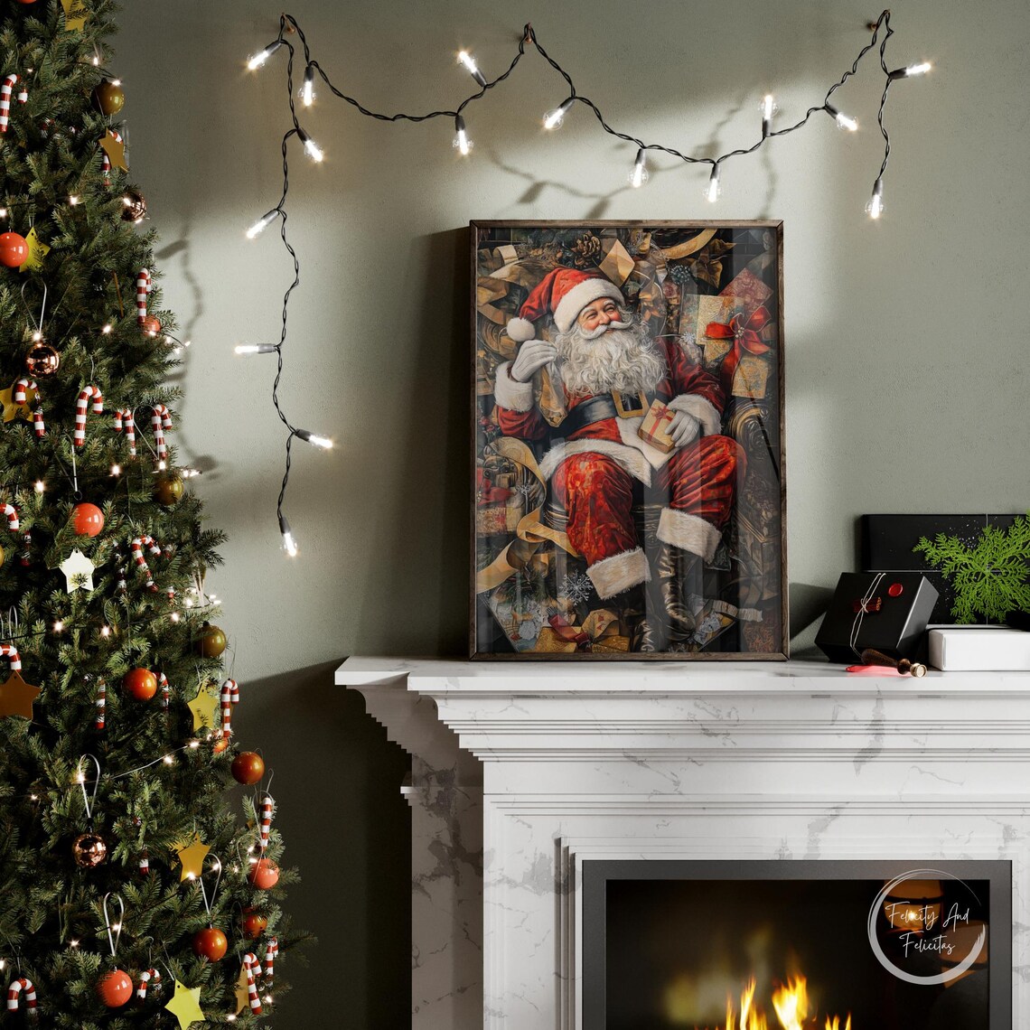 Antique Santa Claus Seated Among Gifts Dark Academia Style Poster - Image 6